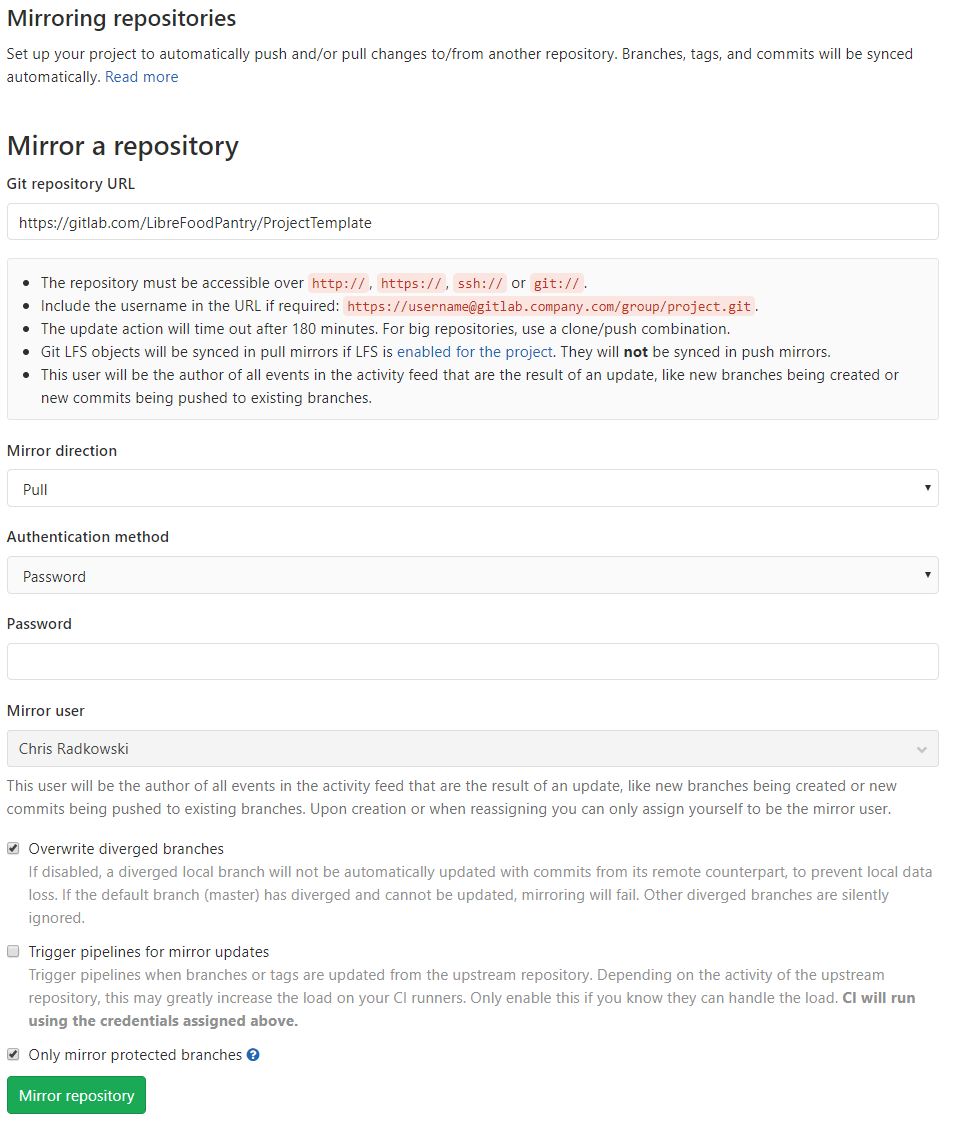 Repository mirroring screenshot